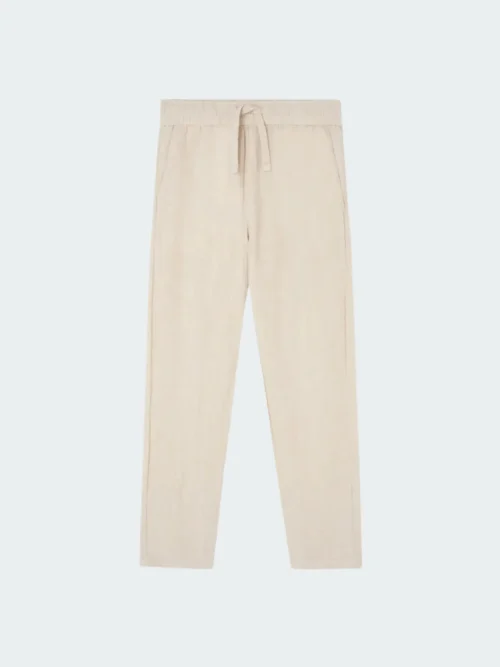 Pantalon casual beige à cordon en coton et lin